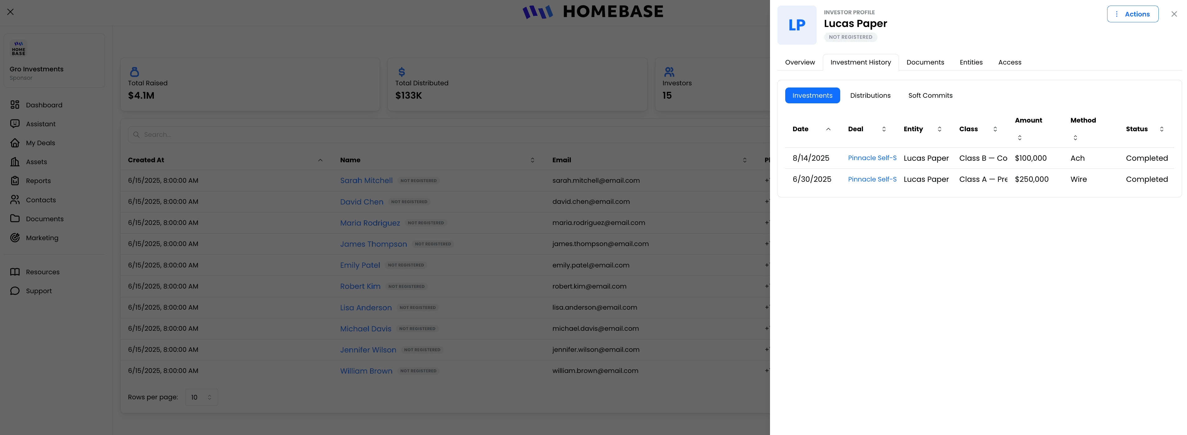Contact CRM: investors with entities, KYC status, and activity timeline