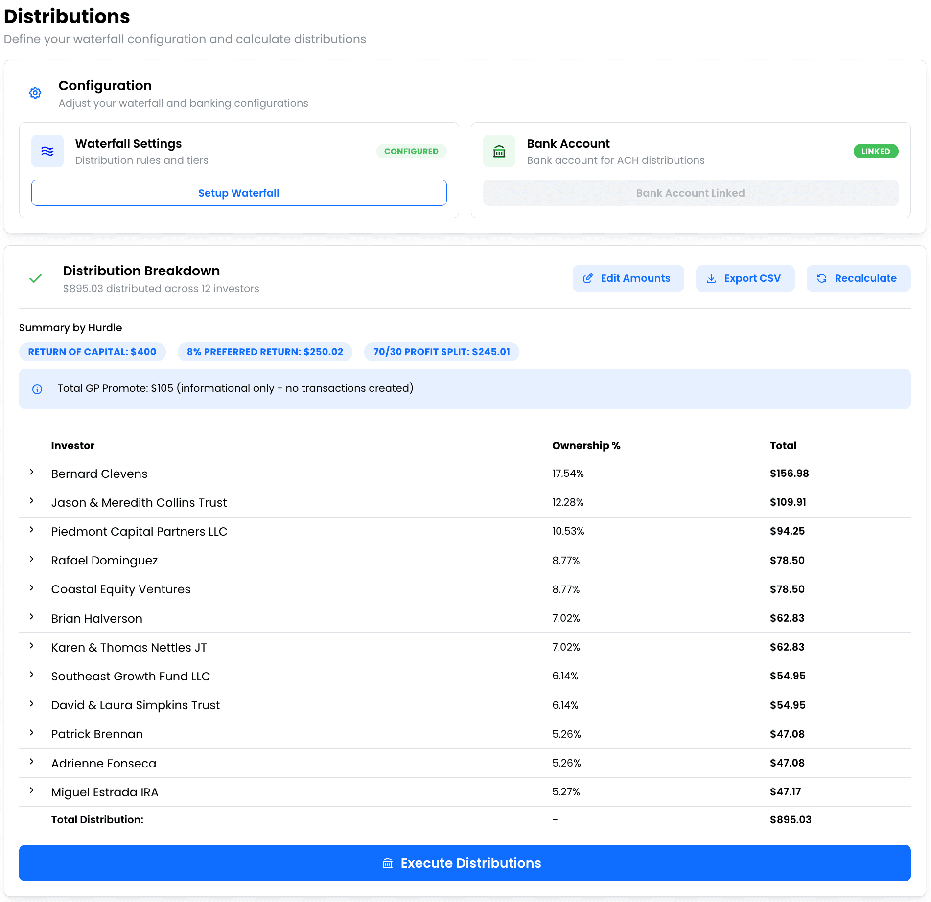 Waterfall distribution: hurdle configuration with per-investor allocation table