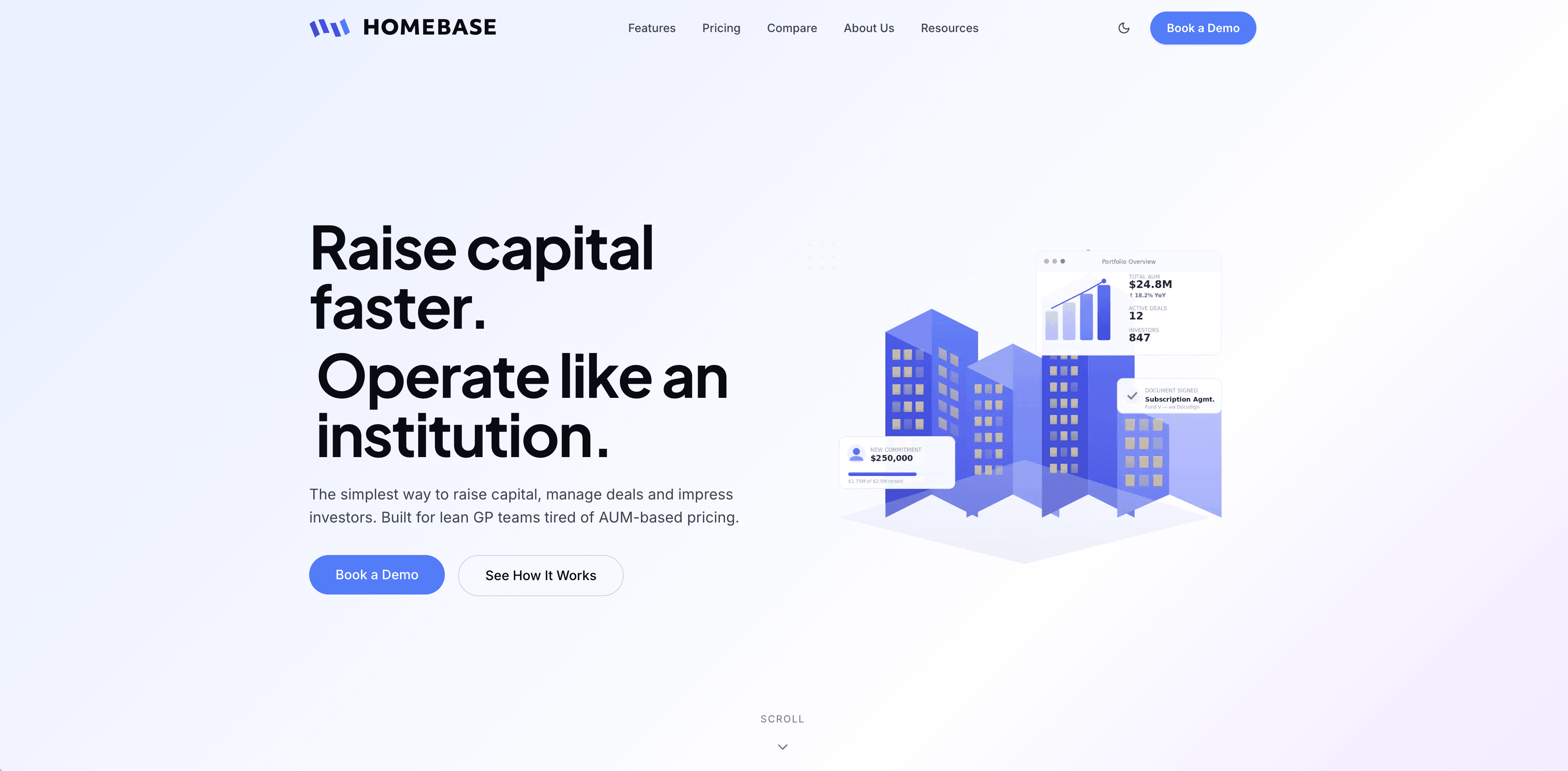 Interstellar marketing site: animated 3D hero with value prop, demo-booking CTA, and dynamic content served by CMS