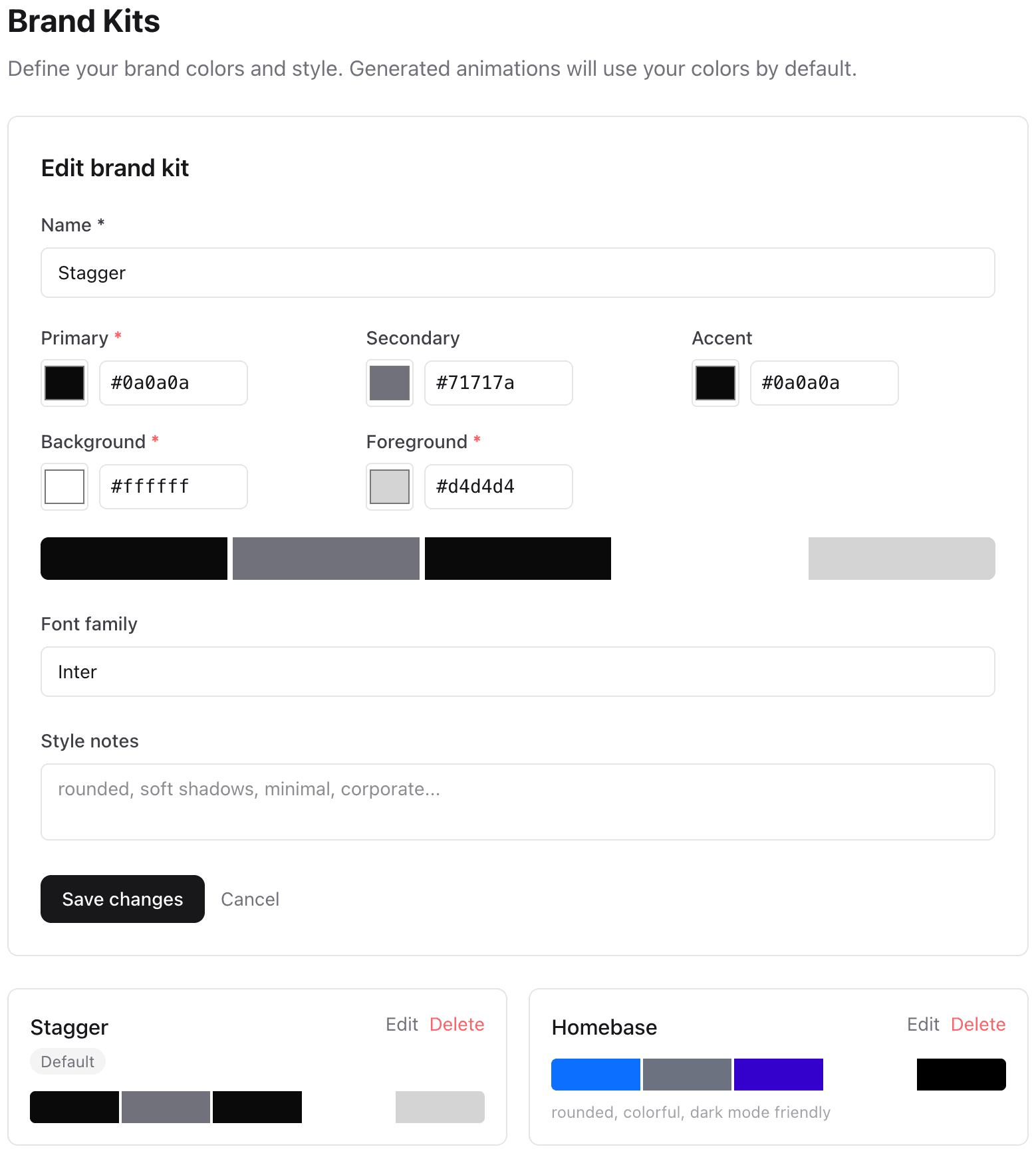 Brand kit editor: colors, fonts, design tokens applied across generations