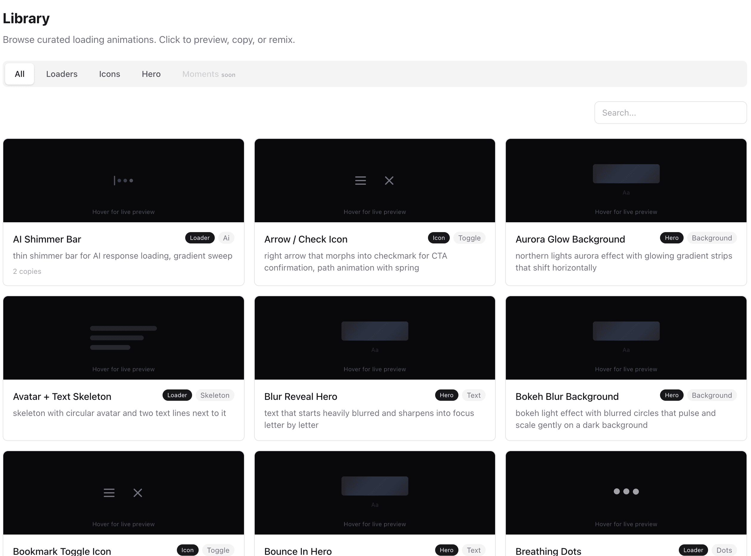 Library browser: 100+ curated animations by category with live previews