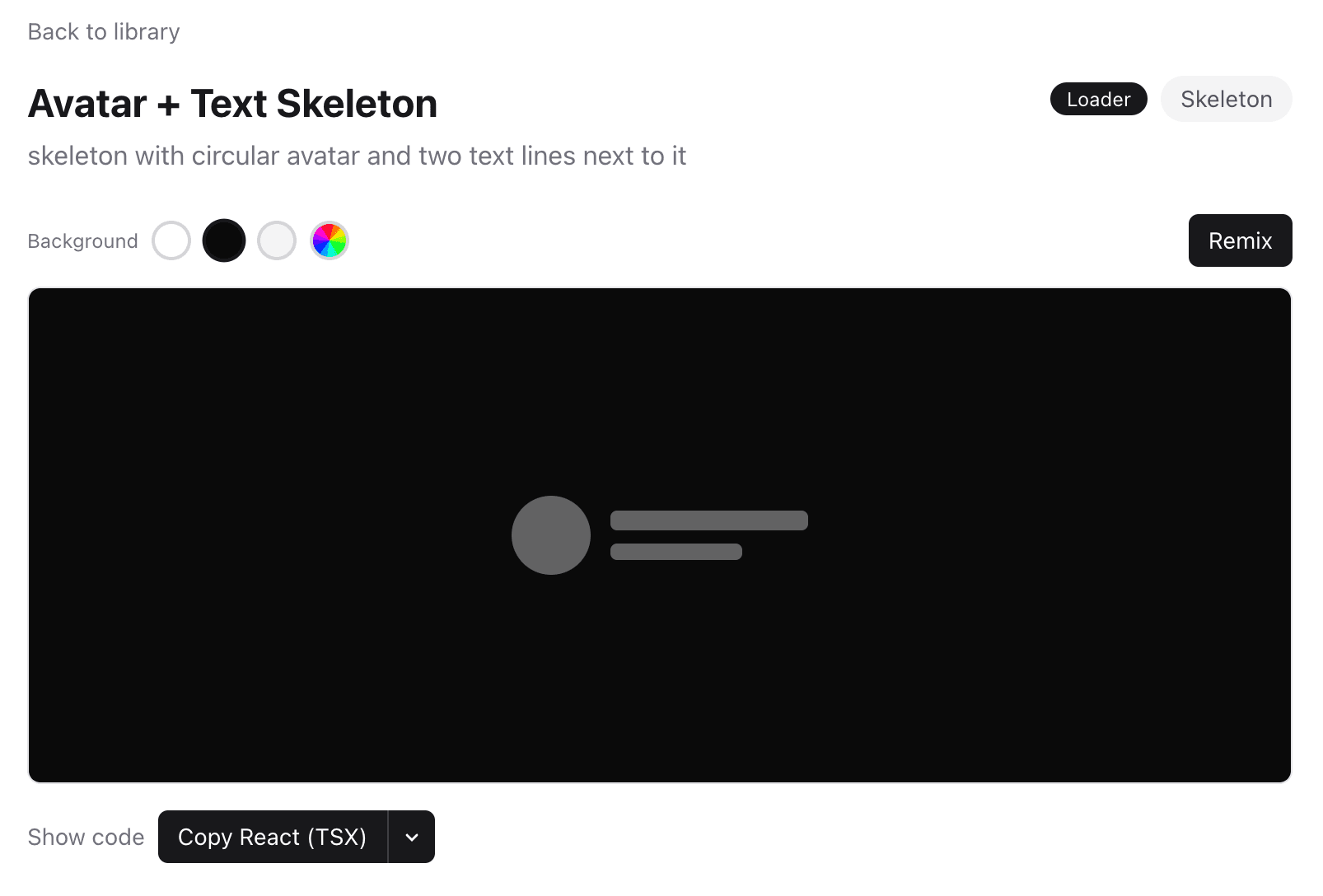 Single animation preview: full-screen with the copy-able TSX output