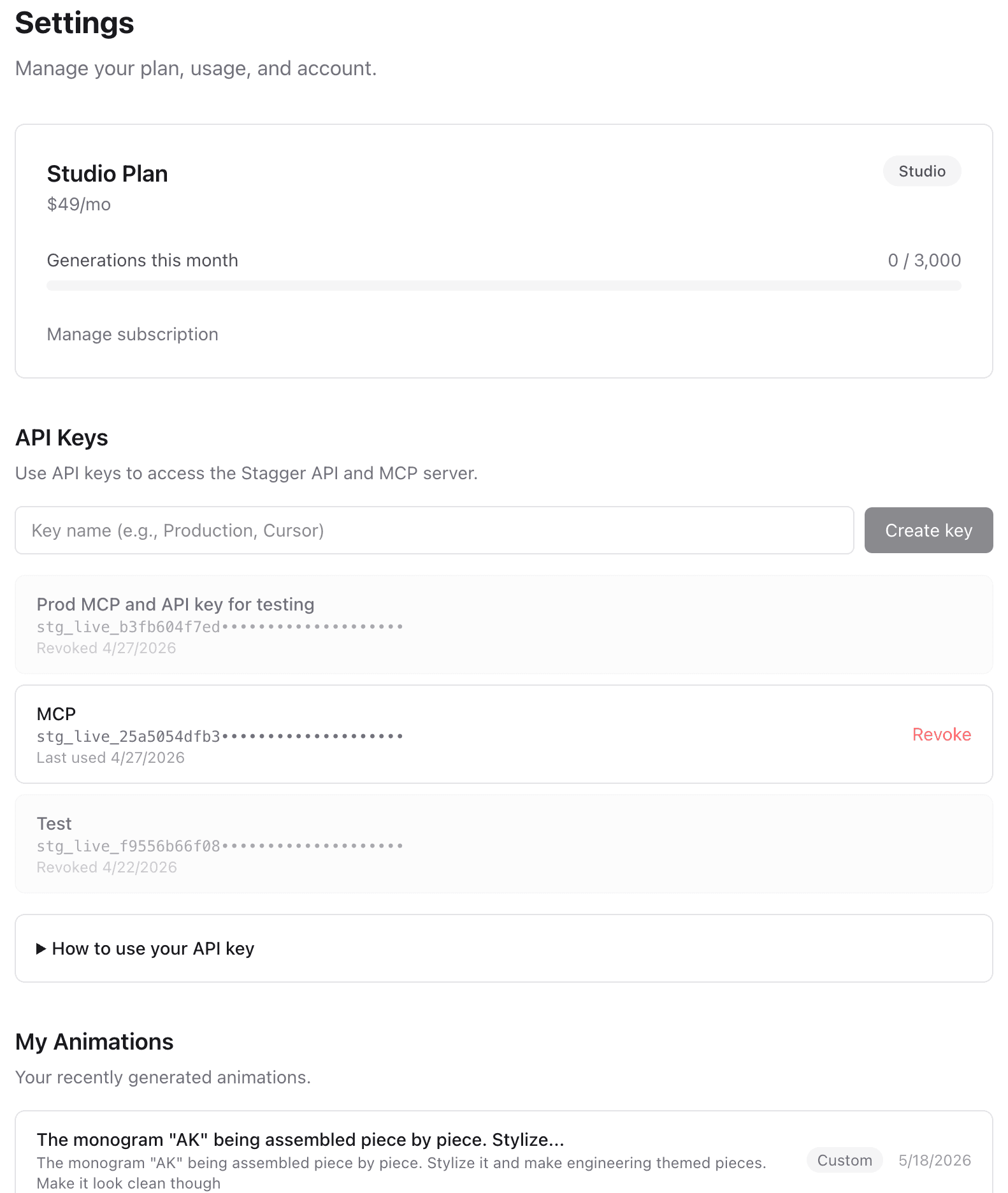 Settings: brand kit editor, API key, and usage metrics